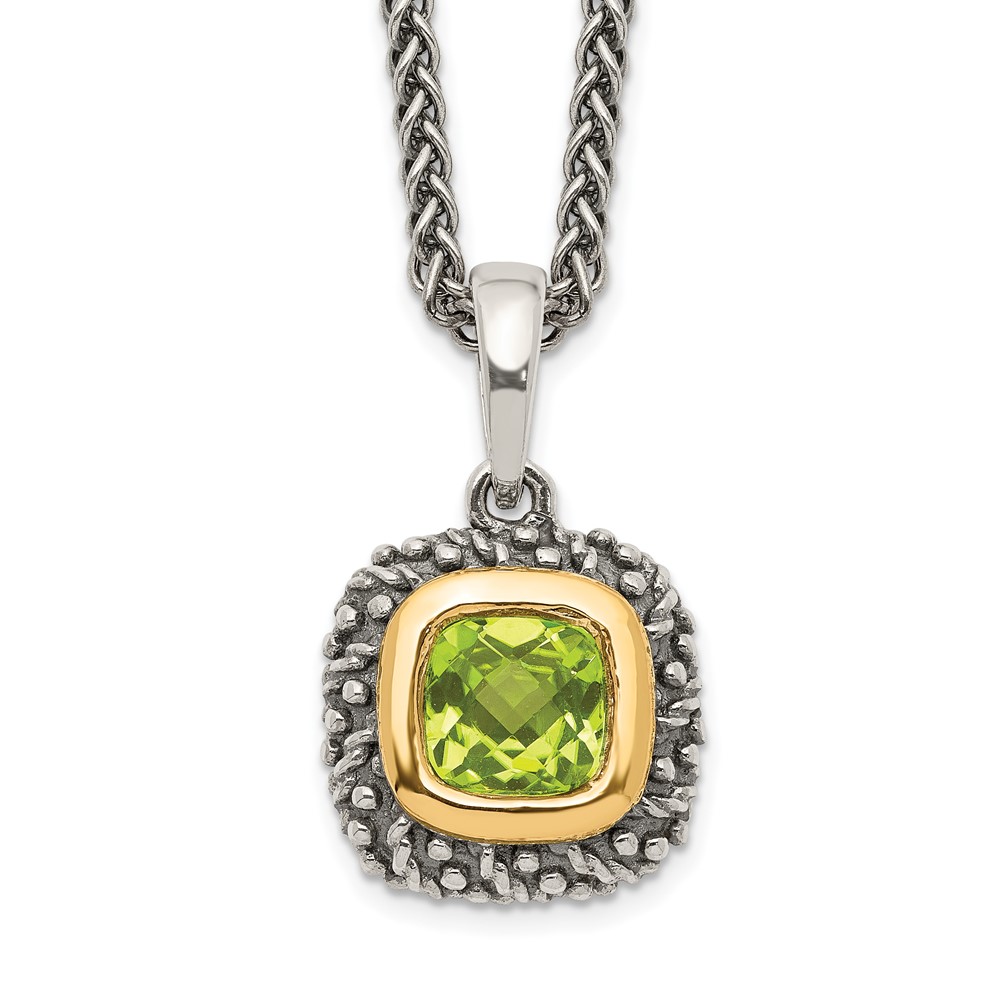 925 Ss W/ 14k Accent 18 Inch Antiqued Cushion Bezel Peridot August Necklace